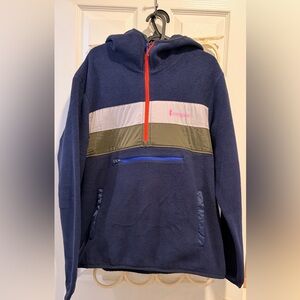 Cotopaxi Blue Fleece Hoodie with Red and Green Accents